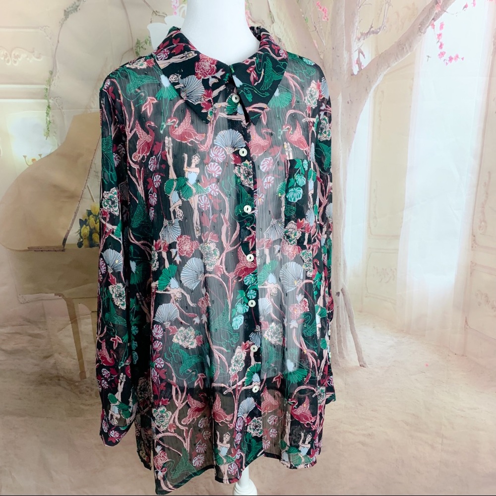 Modcloth Sheer Black Floral & Pink Botanical Button-Up Blouse